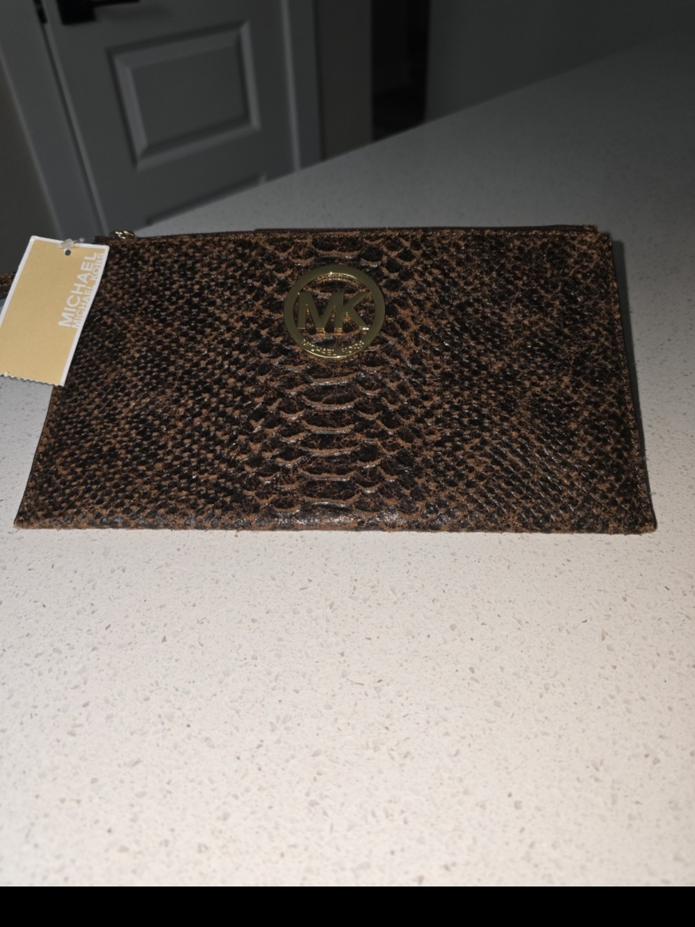 Michael Kors Brown Mocha Snake-Embossed Leather Wristlet - Picture 3 of 10